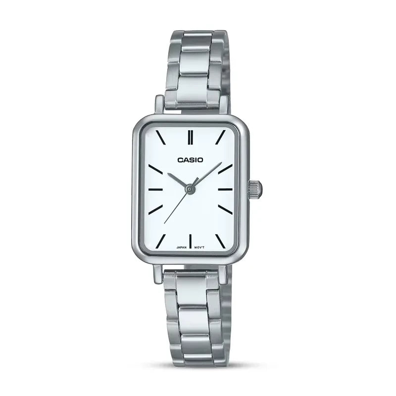 Silver Casio watch with a white face on a white background