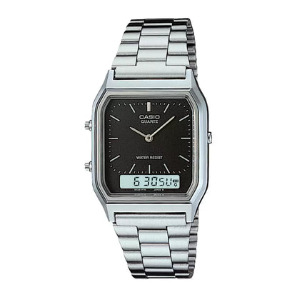 A Casio Vintage Collection analog-digital watch with a grey band and grey digital display.