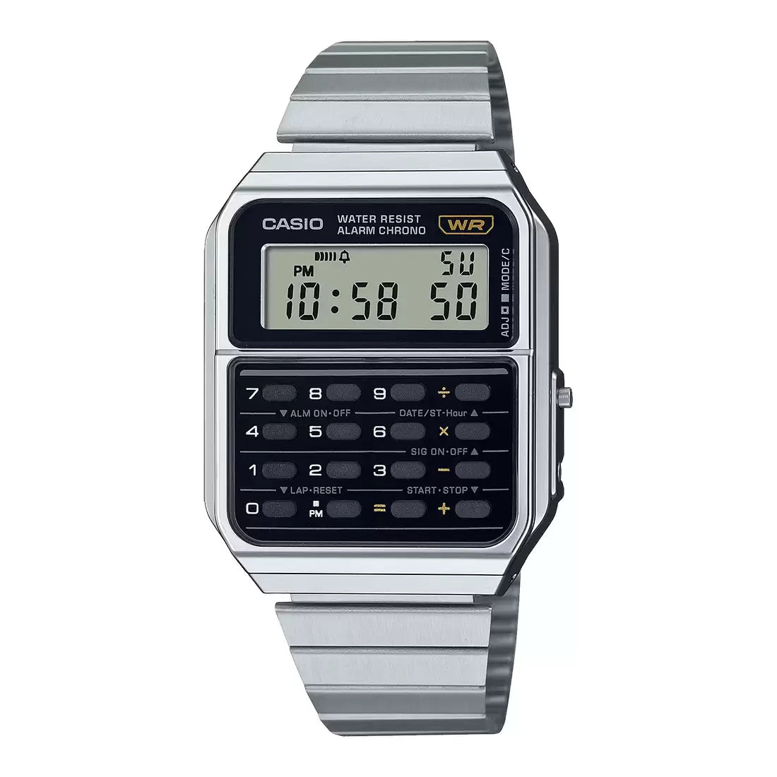 A Casio vintage collection digital watch with a metallic silver band and case, displaying a digital screen and calculator buttons.