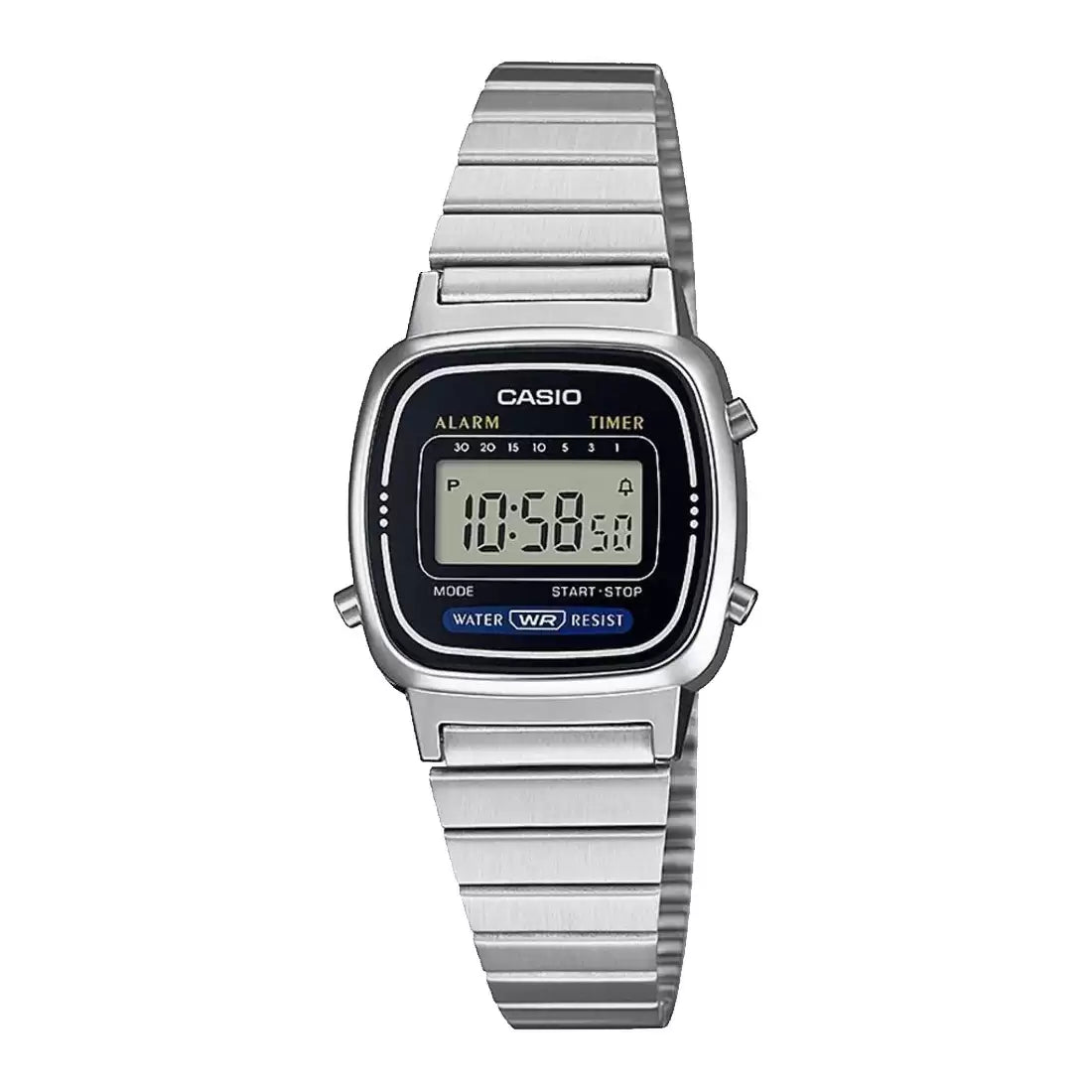 A Casio vintage collection digital watch with a silver band and casing, featuring a black digital display showing time and alarm settings.