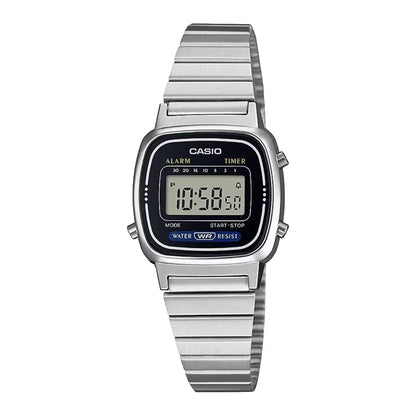 A Casio vintage collection digital watch with a silver band and casing, featuring a black digital display showing time and alarm settings.