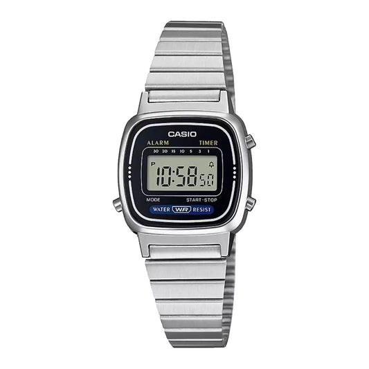 A Casio vintage collection digital watch with a silver band and casing, featuring a black digital display showing time and alarm settings.