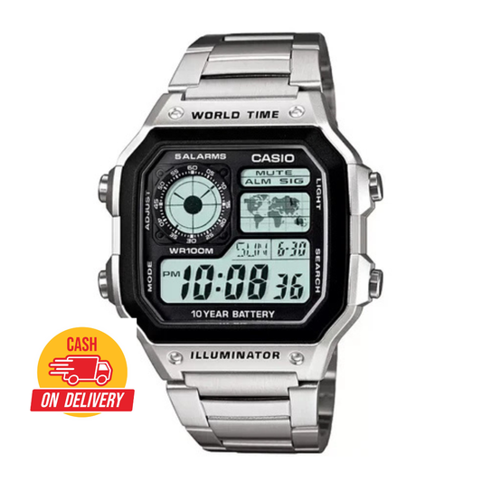 Casio digital watch with silver band on a white background