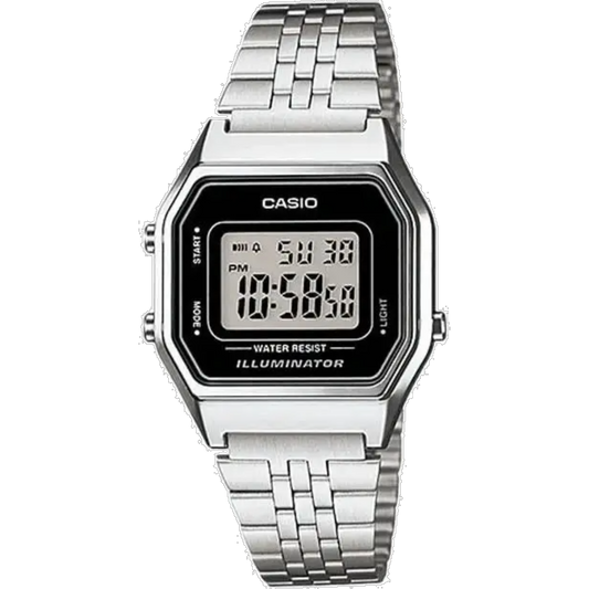 Casio digital watch with silver metal strap on a white background