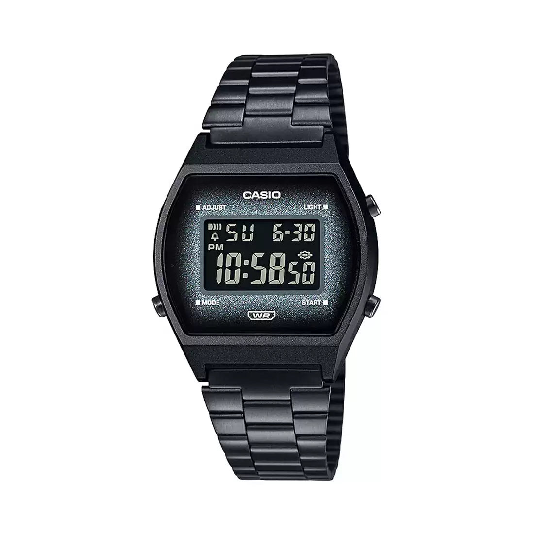 A black Casio digital unisex watch with a resin case, stainless steel adjustable clasp, and a black ion-plated band.
