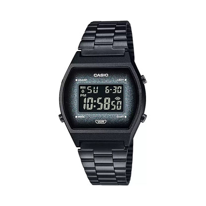 A black Casio digital unisex watch with a resin case, stainless steel adjustable clasp, and a black ion-plated band.
