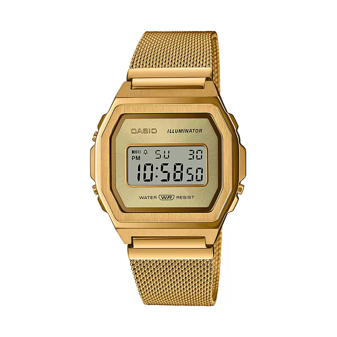 A gold Casio digital watch with a mother-of-pearl dial and a metal band.
