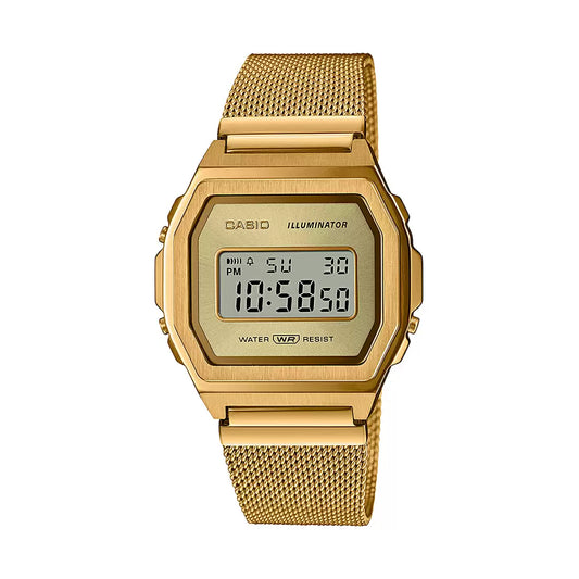 A gold Casio digital watch with a mother-of-pearl dial and a metal band.