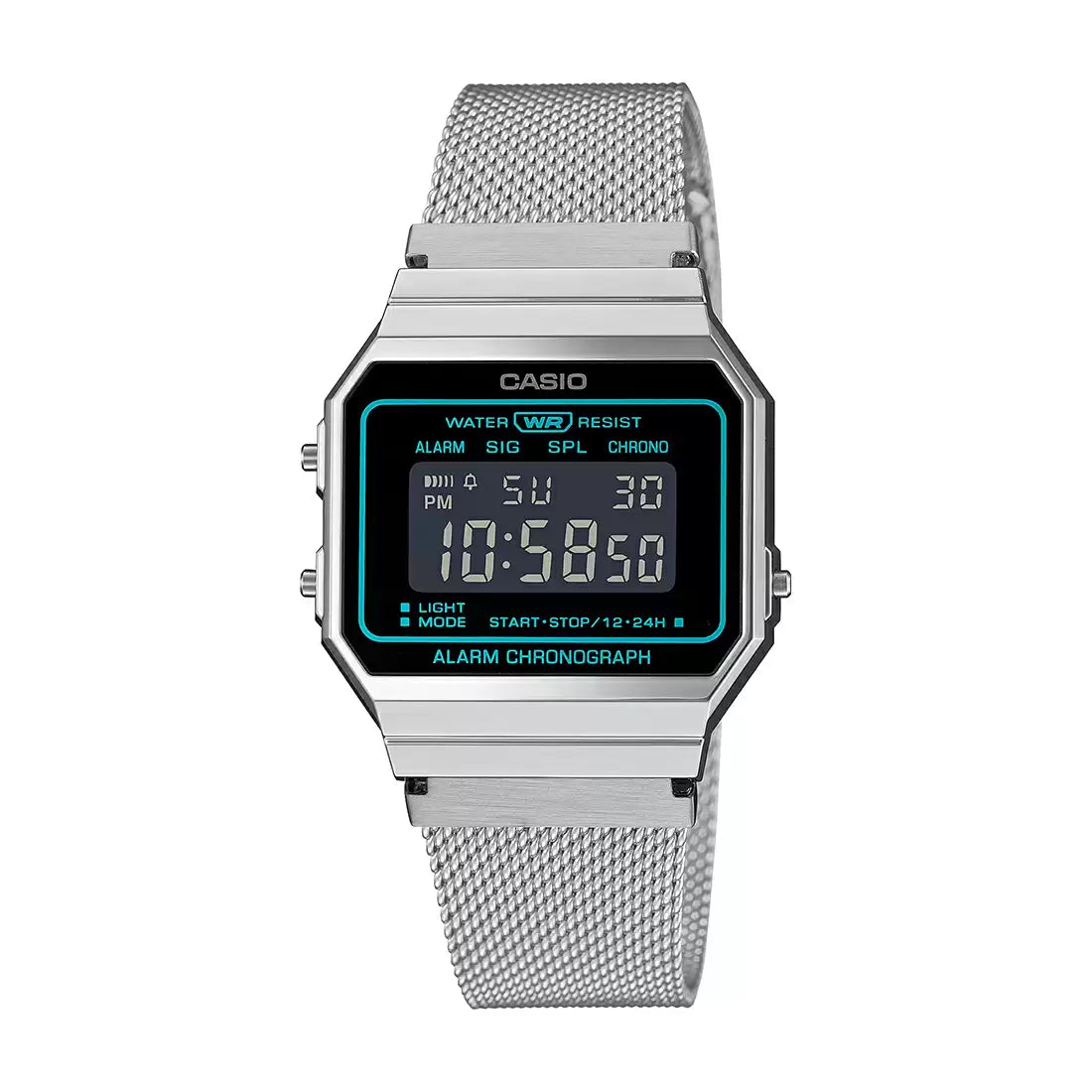 A digital Casio watch with a silver metallic band and a silver case, featuring a black digital display showing time, date, and various watch features.