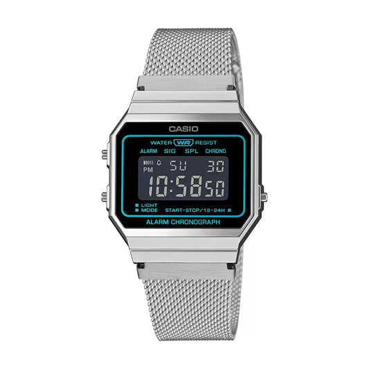 A digital Casio watch with a silver metallic band and a silver case, featuring a black digital display showing time, date, and various watch features.