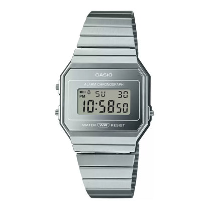A Casio vintage collection digital unisex watch in silver color with a sleek, slim case and a metallic strap.