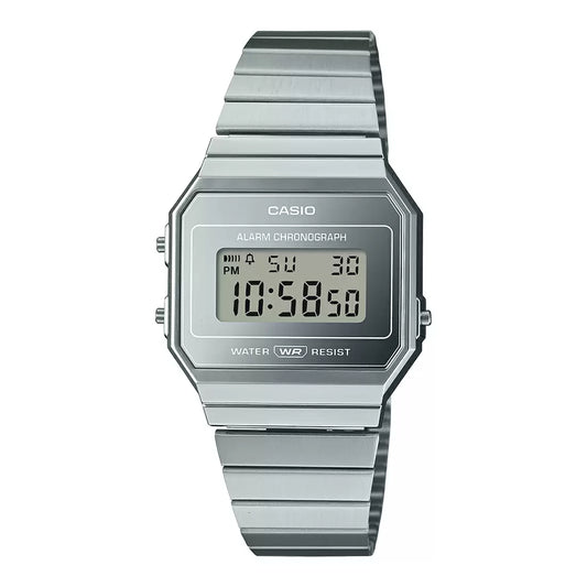 A Casio vintage collection digital unisex watch in silver color with a sleek, slim case and a metallic strap.