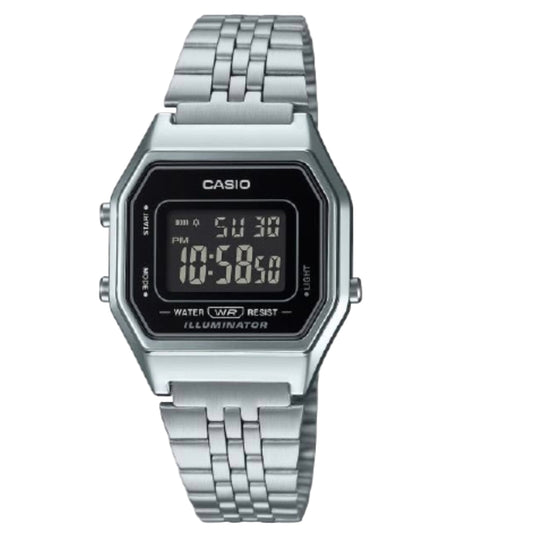 Casio digital watch with silver metal strap on a light gray background
