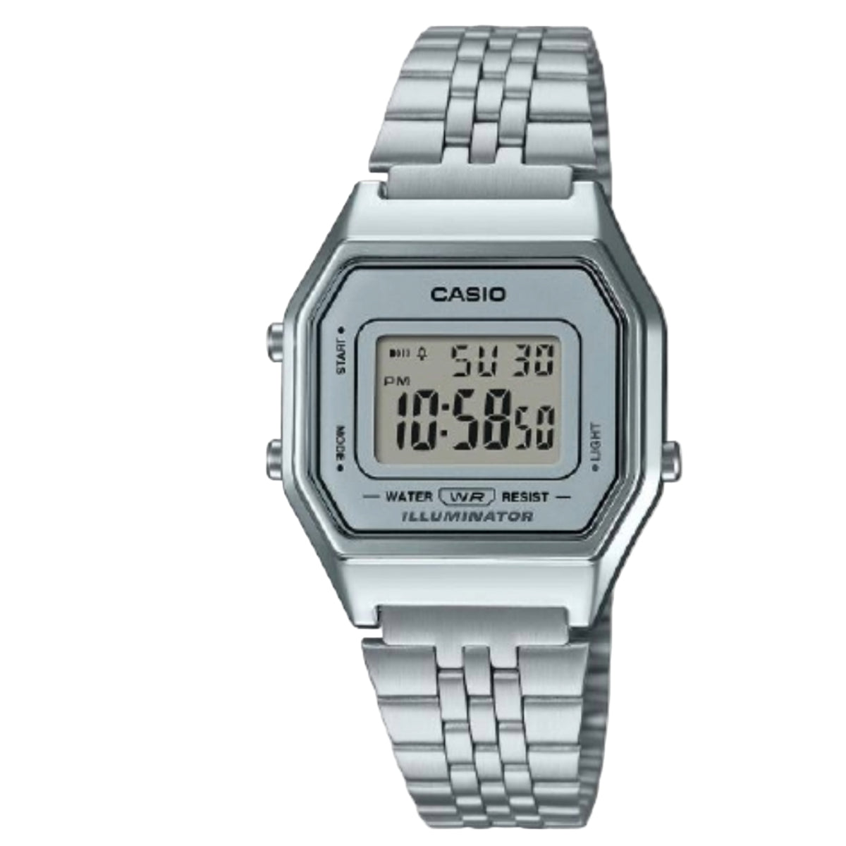 Silver Casio digital watch on a light gray background