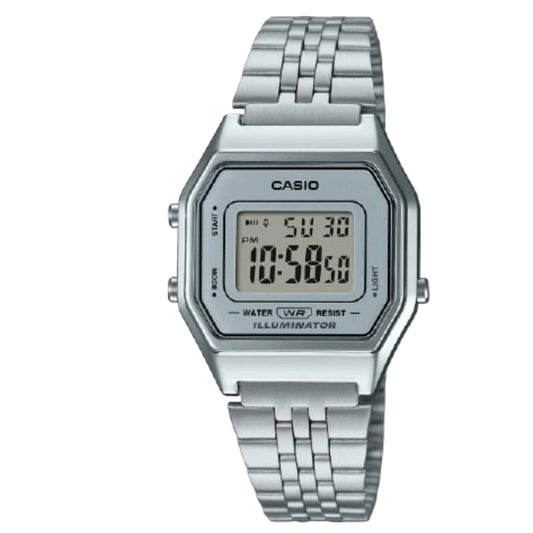 Silver Casio digital watch on a light gray background