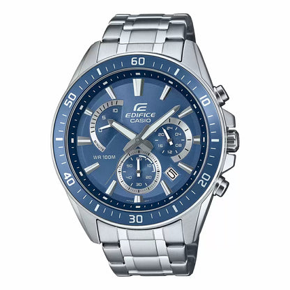 A Casio EDIFICE analog men's watch with a blue dial and a stainless steel band.