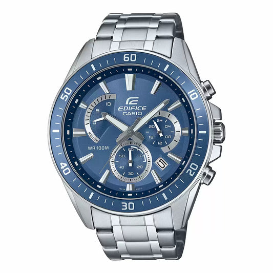 A Casio EDIFICE analog men's watch with a blue dial and a stainless steel band.