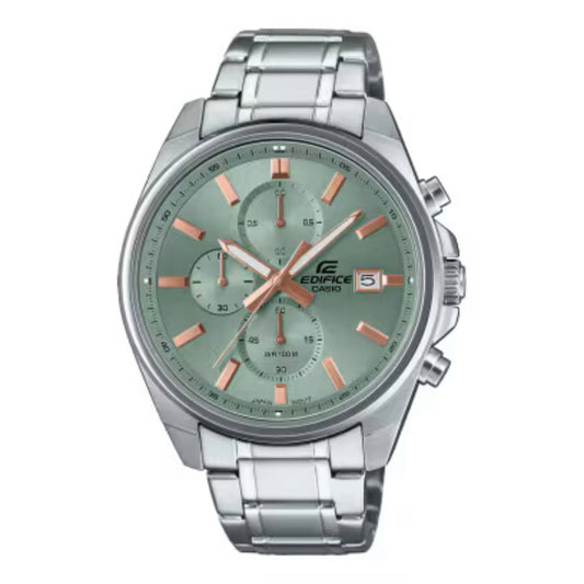 Silver Casio Edifice watch with green dial on a white background