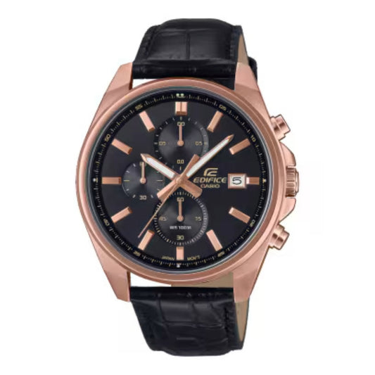 Edifice watch with black leather strap and rose gold casing on a white background