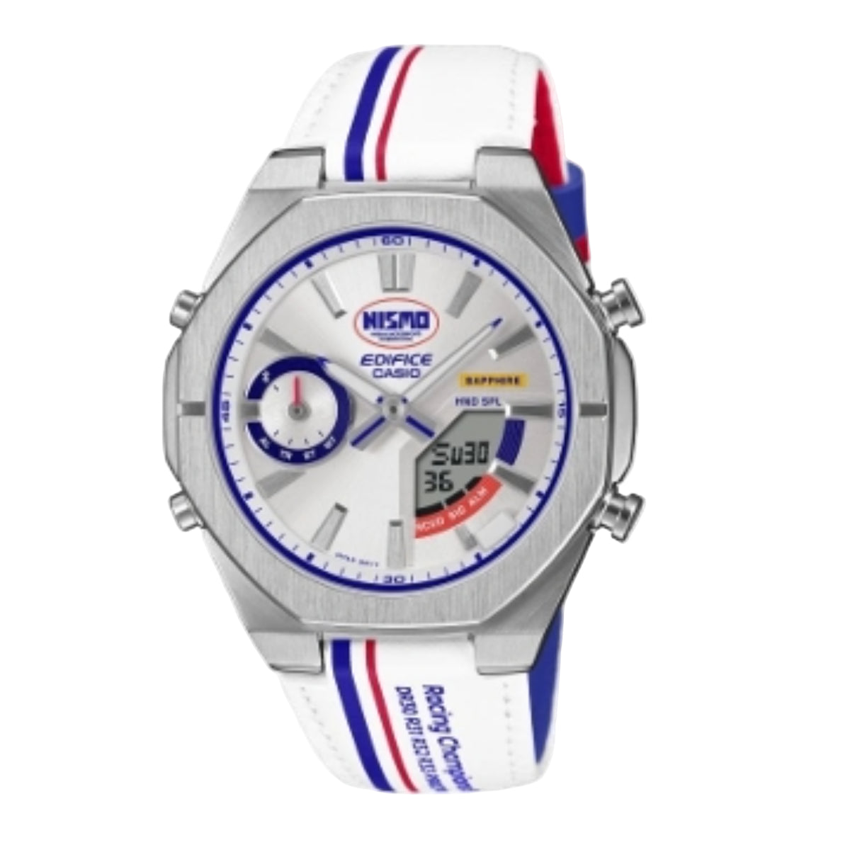 Wristwatch with a white strap featuring red and blue stripes on a white background