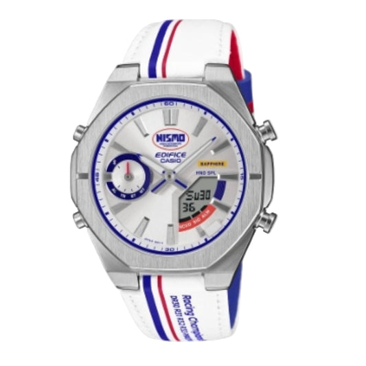 Wristwatch with a white strap featuring red and blue stripes on a white background