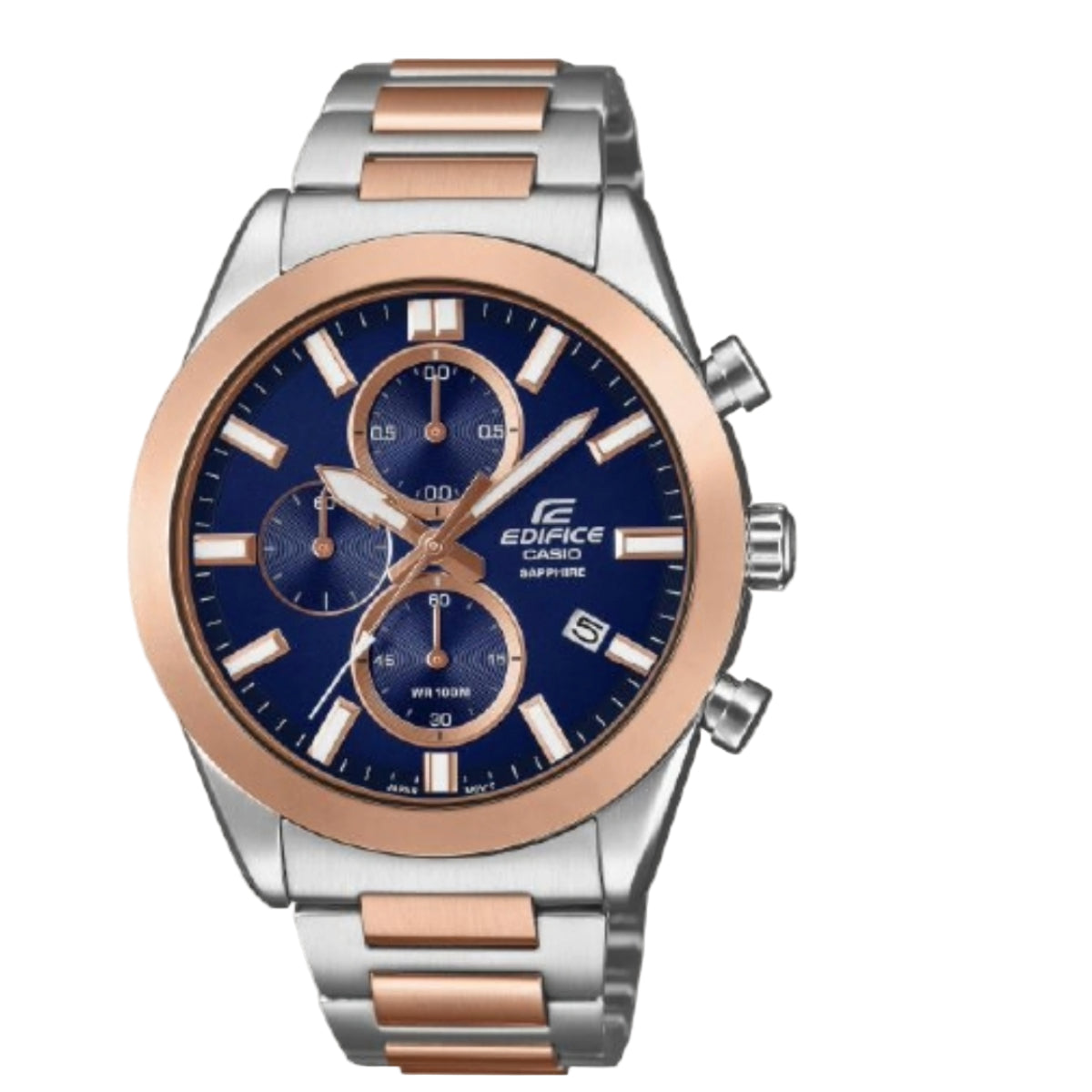 Casio Edifice watch with blue dial and rose gold accents on a light gray background