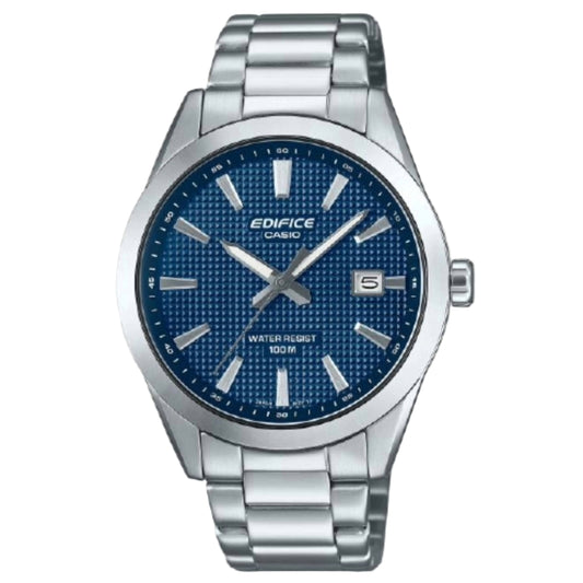 Casio Edifice watch with blue dial and silver metal strap on a white background