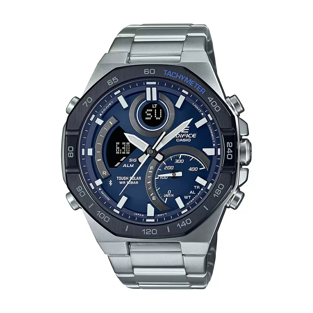 A Casio EDIFICE ECB-950DB-2ADF men's watch with a silver band and blue dial, featuring analog-digital display and a octagonal bezel.
