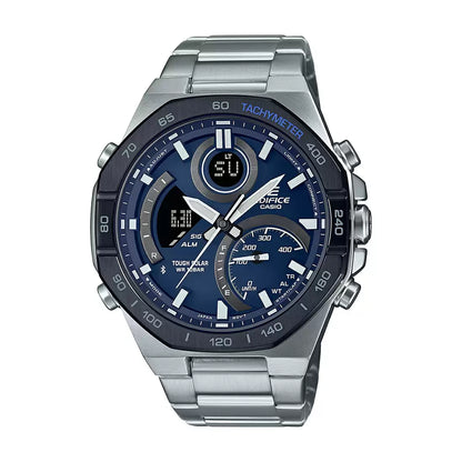 A Casio EDIFICE ECB-950DB-2ADF men's watch with a silver band and blue dial, featuring analog-digital display and a octagonal bezel.