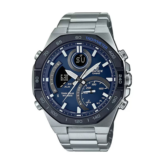 A Casio EDIFICE ECB-950DB-2ADF men's watch with a silver band and blue dial, featuring analog-digital display and a octagonal bezel.