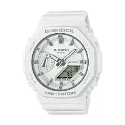 A white Casio G-SHOCK watch with a digital dial and analog hands, featuring a carbon core guard structure.