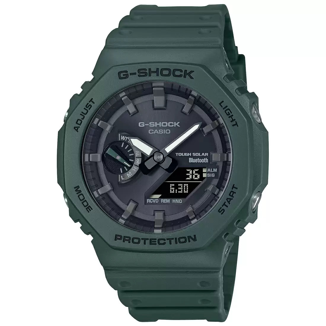 A green Casio G-SHOCK watch with an analog dial and a resin band.