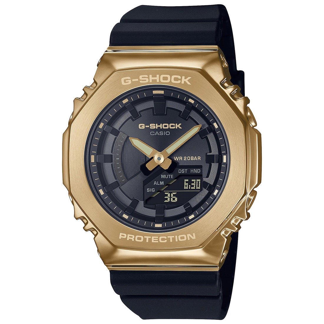 A gold and black Casio G-SHOCK analog-digital watch with a metal-clad design and a black band.