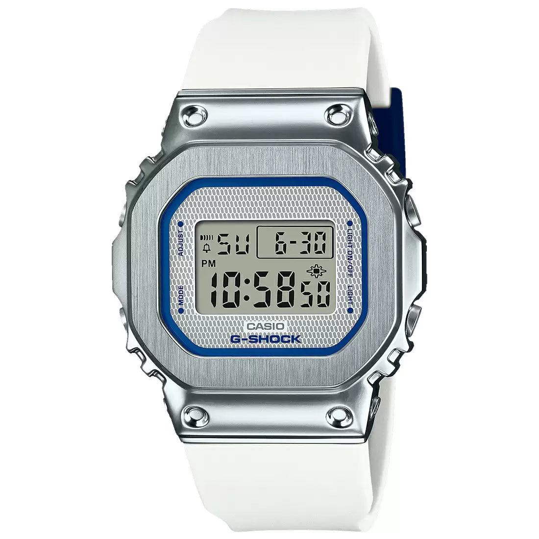 A Casio G-SHOCK watch with a silver metal bezel and a white band, featuring a blue accent on the digital display.