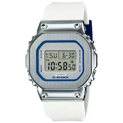 A Casio G-SHOCK watch with a silver metal bezel and a white band, featuring a blue accent on the digital display.