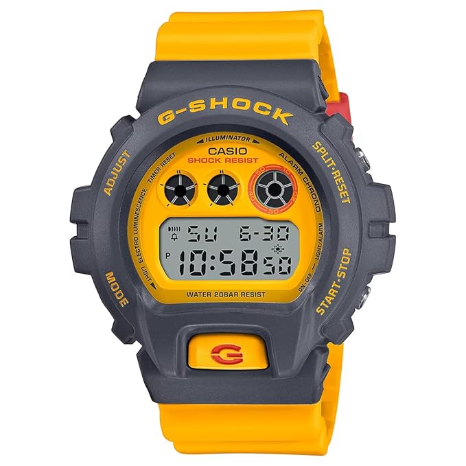 A Casio G-SHOCK digital men's watch with a vibrant yellow dial and a grey case, showing time and date on the display.