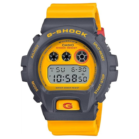 A Casio G-SHOCK digital men's watch with a vibrant yellow dial and a grey case, showing time and date on the display.