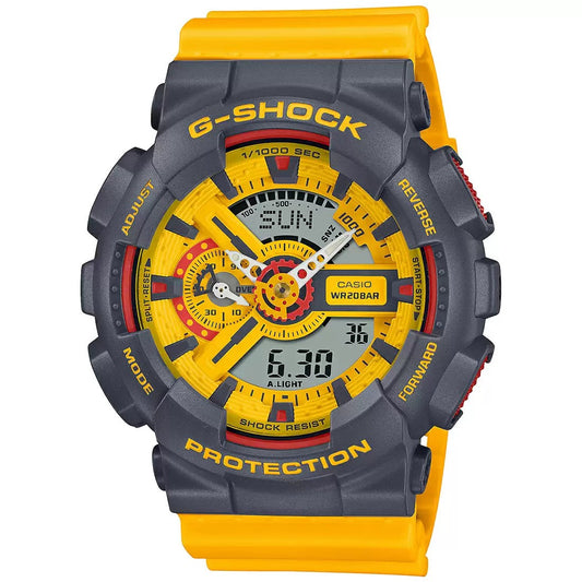 A CASIO G-Shock GA-110Y-9ADR watch with a yellow band and black case, featuring an analog-digital display and various function settings on the case back.