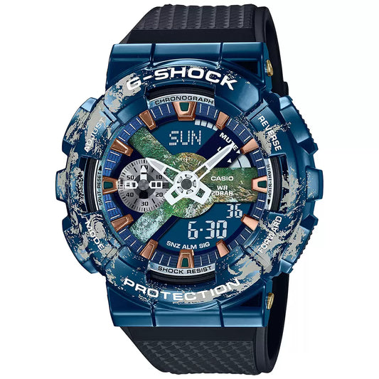 A Casio G-SHOCK watch with a blue and multicolor design, featuring a digital dial and a black resin band.