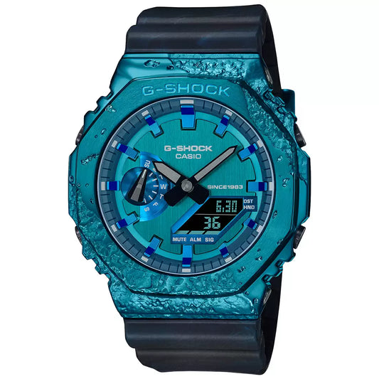 A Casio G-SHOCK men's watch with a blue textured dial and a black resin band.