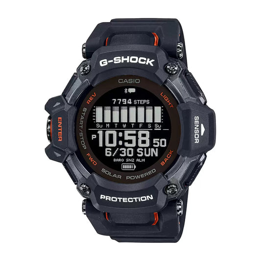 A black CASIO G-Shock G-Squad watch with a digital display showing time, date, and fitness metrics.