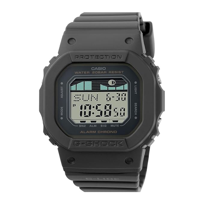 A black Casio G-SHOCK GLX-S5600-1DR digital watch with a square face, wristband, and digital display showing time and tide information.