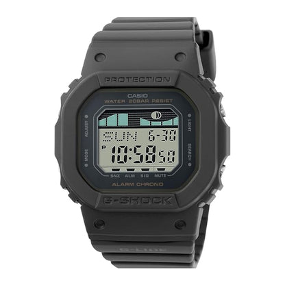A black Casio G-SHOCK GLX-S5600-1DR digital watch with a square face, wristband, and digital display showing time and tide information.