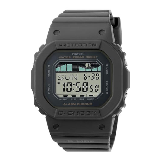 A black Casio G-SHOCK GLX-S5600-1DR digital watch with a square face, wristband, and digital display showing time and tide information.
