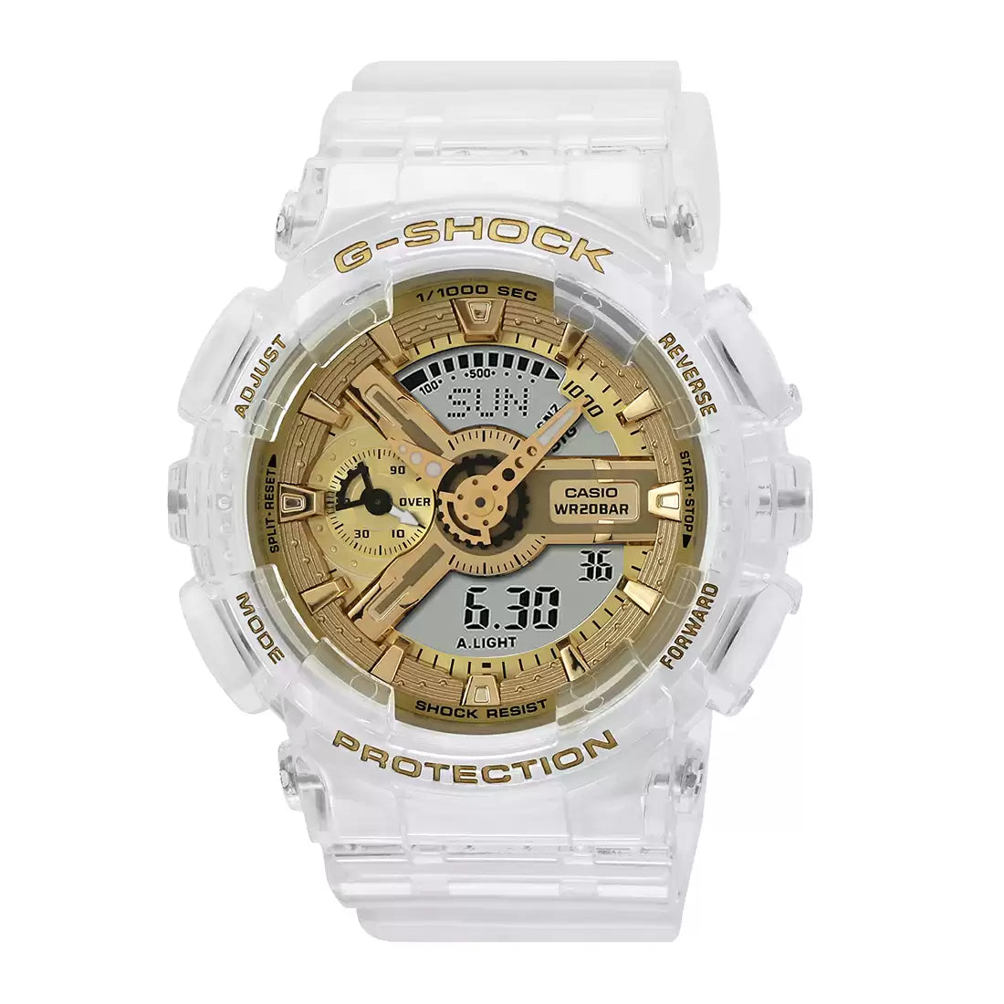 A Casio G-SHOCK watch with a gold-tone dial and a translucent band.