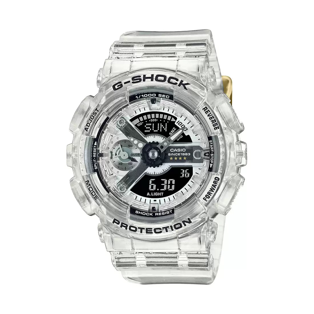 A Casio G-SHOCK women's watch with a transparent band and case, featuring a digital display and analog hands, celebrating the 40th anniversary.