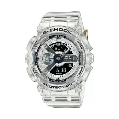 A Casio G-SHOCK women's watch with a transparent band and case, featuring a digital display and analog hands, celebrating the 40th anniversary.