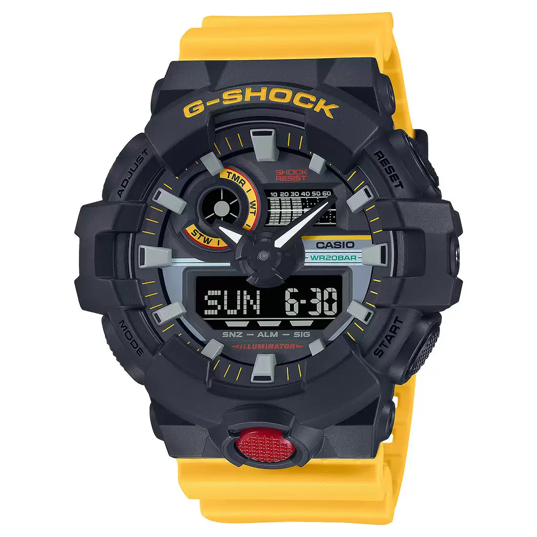 A Casio G-SHOCK GA-700MT-1A9DR watch with a black and yellow color scheme, featuring an analog-digital display, a digital dial, and a prominent front button.