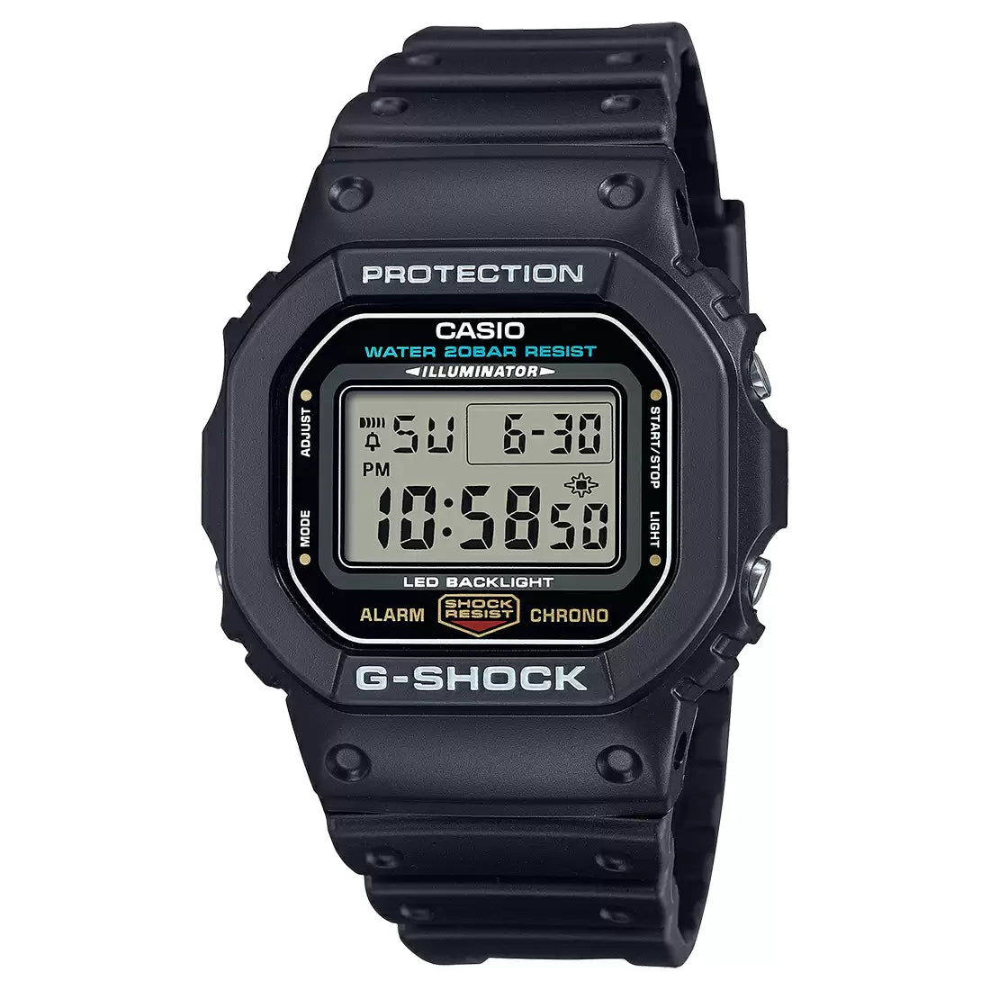 A Casio G-Shock DW-5600UE-1DR digital watch in black color with a square-shaped dial and resin band.