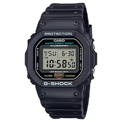 A Casio G-Shock DW-5600UE-1DR digital watch in black color with a square-shaped dial and resin band.